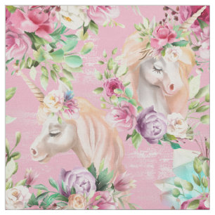 Tela Unicornios Blancos Lindos Flores Acuarela Rosa