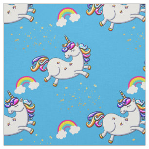 Tela Unicornios del azul de cielo, estrellas del oro y