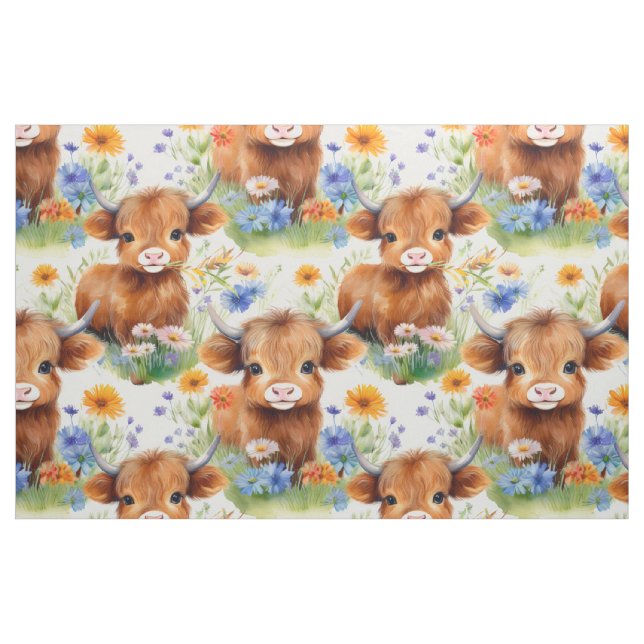 Tela Vaca Highland en flores silvestres ("Cuarto gordo" (fat quarter))