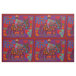 Tela Vaquero y Caballos - Rojo Escarlata Azul Kuna Indi