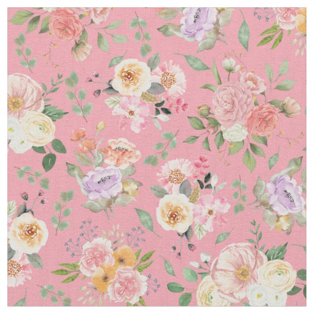 Tela Verano Boho Floral sobre rosa Rosa (De cerca)