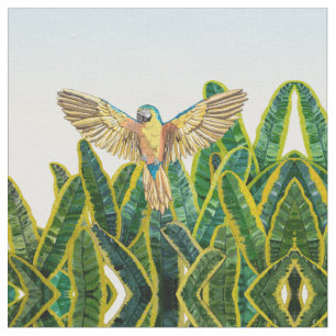 Tela Verano tropical Loro Amarillo hojas de plátano de 