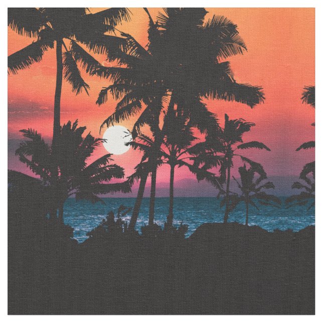 Tela Verano Tropical Naranja Rosa Palm Trees Sunset (De cerca)
