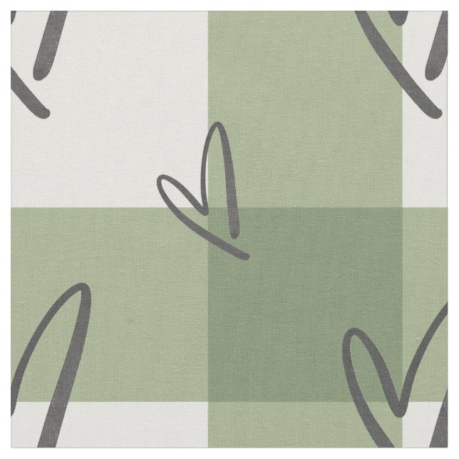 Tela Verde Salvia Corazón Gingham Algodón Peinado  (De cerca)