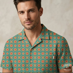Tela Verde Turquesa Naranja Quemado y Rojo Mosaico Geom