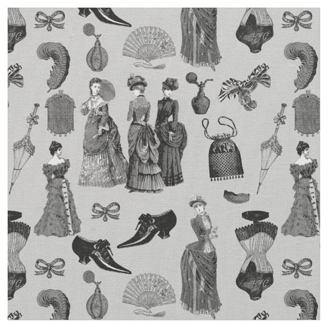 Tela victorian era fashion women toile black white (De cerca)