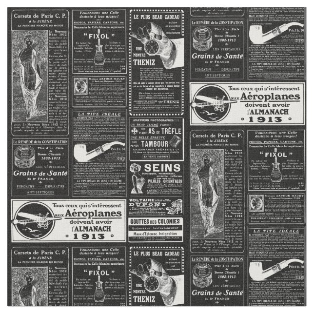 Tela victoriano de periódico antiguo francés negro (De cerca)