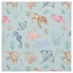 Tela Vida oceánica acuarela azul pastel texturizado