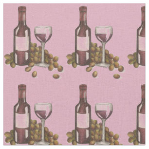 Tela Vino Rojo Botella Vidrio Vaso Uvas Tejido de degus
