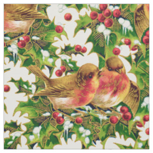 Tela Vintage Christmas Birds Holly Faux Gold Pattern