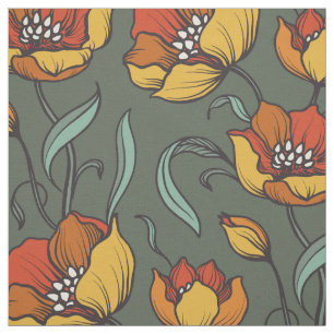 Tela Vintage Green Naranja Gold Nostálgico Floral