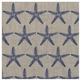 Tela Vintage Navy Blue Starfish Monograma Lino costero