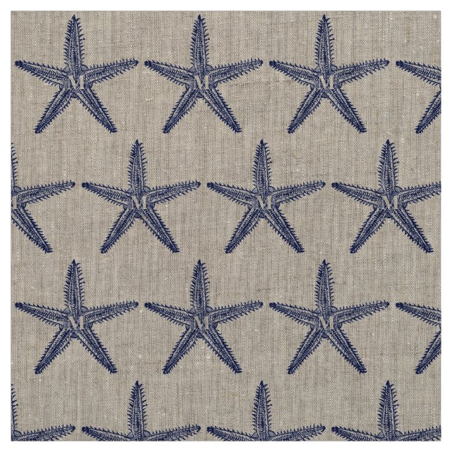 Tela Vintage Navy Blue Starfish Monograma Lino costero (Retal)