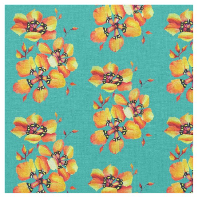 Tela Vivid Exquisite Flowers Aqua (De cerca)