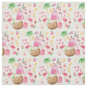 Tela Watercolor Beach Icons Flamingos Palm Trees