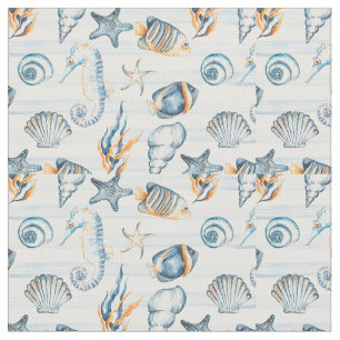 Tela Watercolor Beach Seashell Vacation Holiday Blue