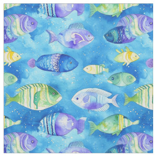 Tela "Watercolor Bleu and Pink Fish Underwater Seamless