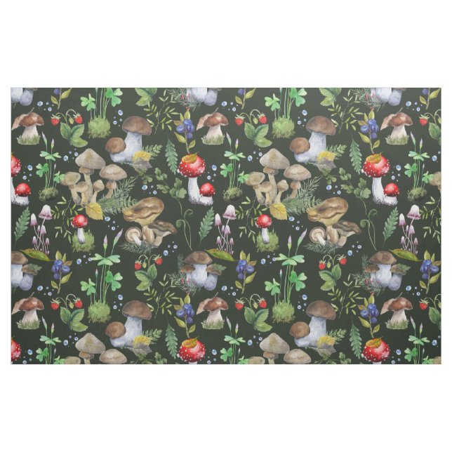 Tela Watercolor Forest Mushrooms Green Berry Pattern ("Cuarto gordo" (fat quarter))