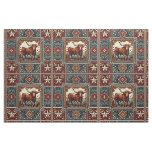 Tela Western Longhorn Steer Turquoise Brown y Tan