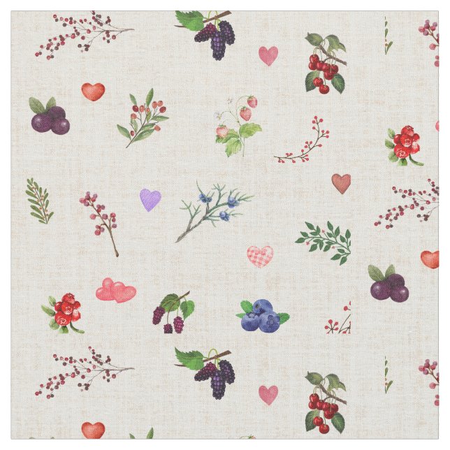 Tela "Whimsical Heart and Berry Pattern" (De cerca)