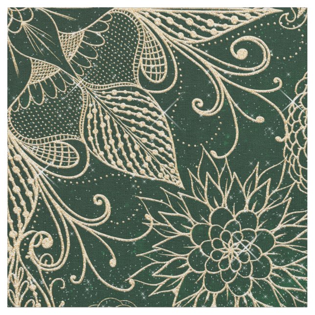 Tela Whimsy Gold y Green Dreamcatcher Feathers Mandala (De cerca)