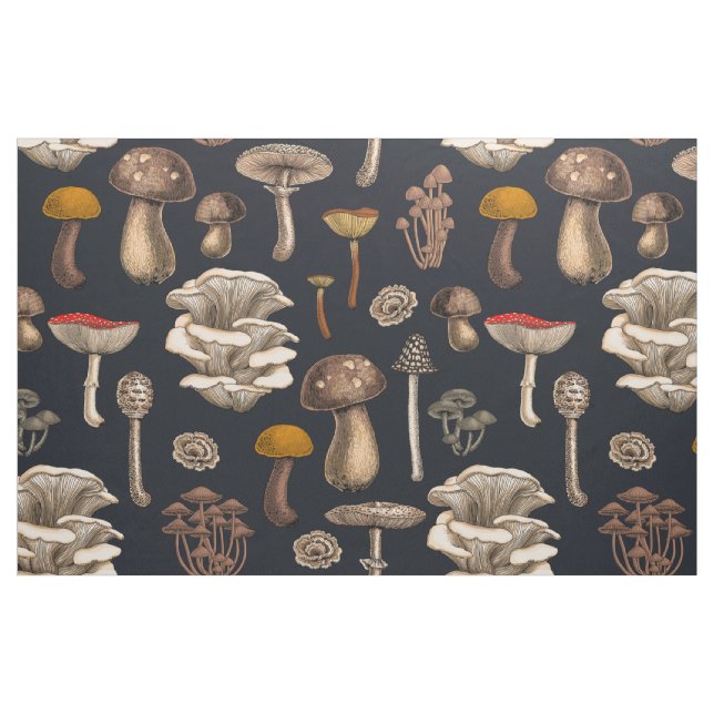 Tela Wild Mushrooms  on graphite black ("Cuarto gordo" (fat quarter))