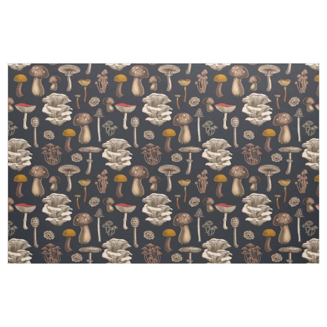 Tela Wild Mushrooms  on graphite black ("Cuarto gordo" (fat quarter))