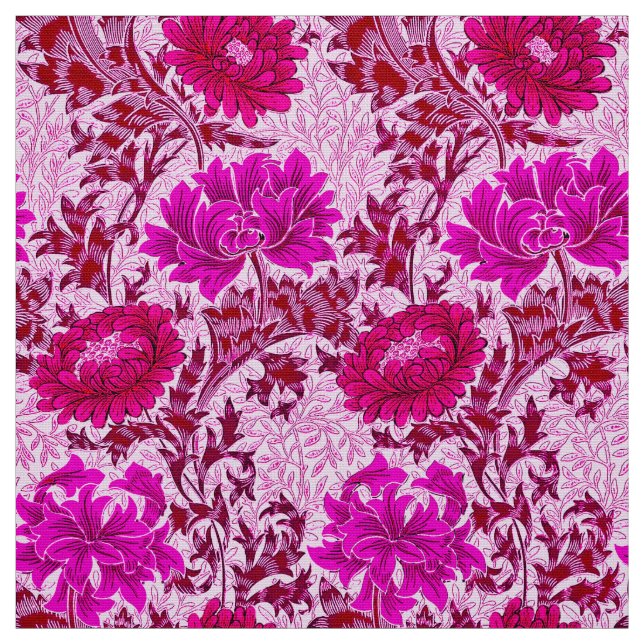 Tela William Morris Chrysanthemums, Borgoña y Rosa (Retal)