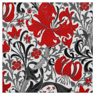 Tela William Morris Iris y Lily, Negro, Blanco y Rojo