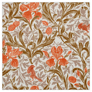 Tela William Morris Irises, Naranja de Coral, marrón y
