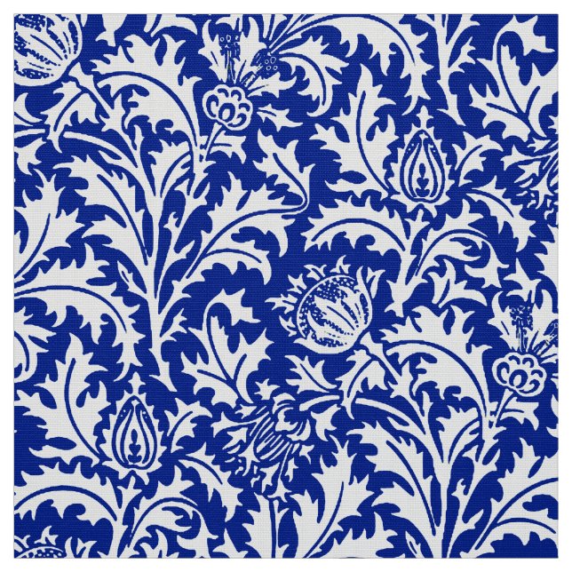 Tela William Morris Thistle Damask White sobre el azul  (Retal)