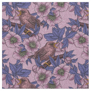 Tela Wren y hellebore, rosa y violeta