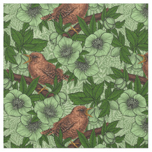 Tela Wren y hellebore, verde claro