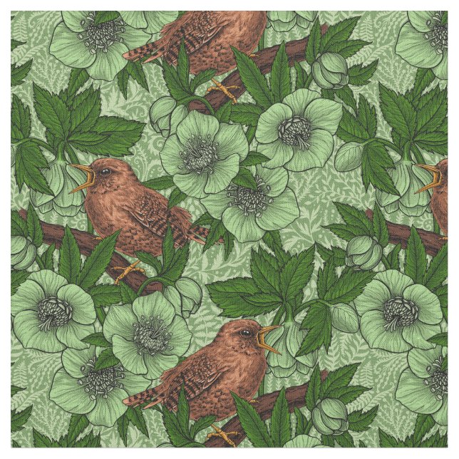 Tela Wren y hellebore, verde claro (De cerca)