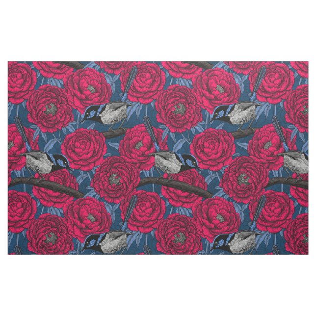 Tela Wrens en las peonías ("Cuarto gordo" (fat quarter))