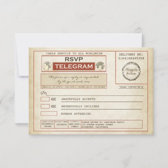 telegramas de BODA de RSVP vintage (Anverso)
