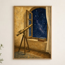 Telescopio junto a la ventana Póster de acuarela