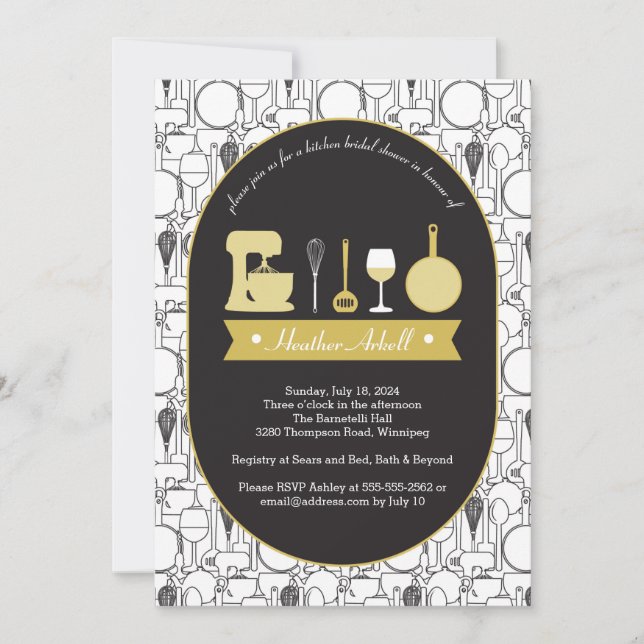 Tema de cocina Ducha de novia Invitaciones oro neg (Anverso)