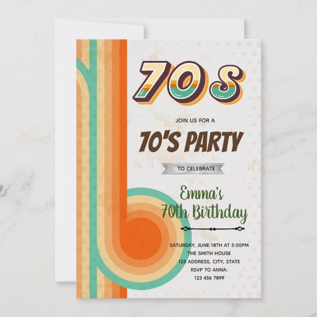 Tema de cumpleaños de Retro 70 Invitación (Anverso)