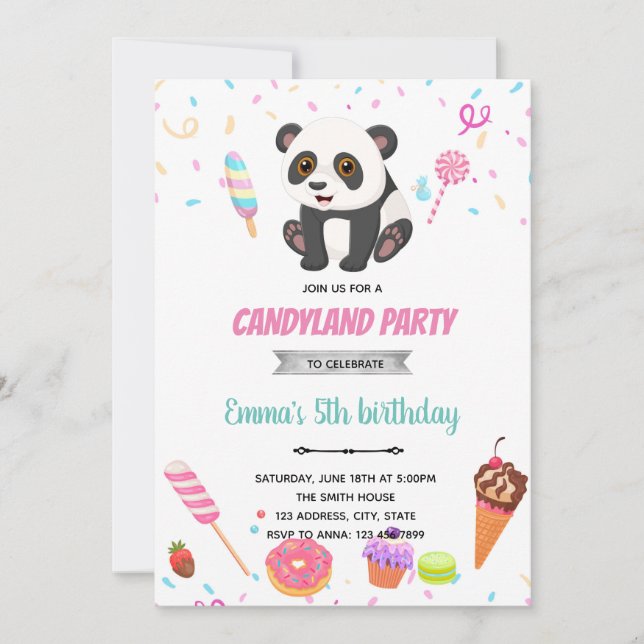 Tema de cumpleaños Panda y dulces Invitación (Anverso)