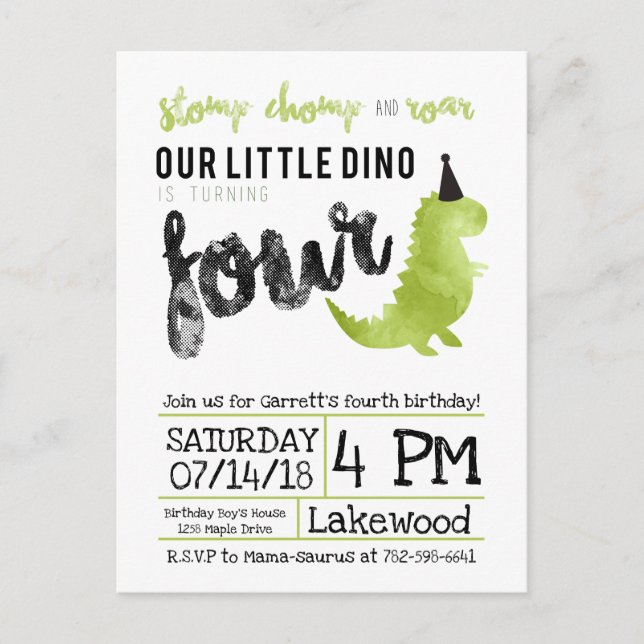 Tema de Dinosaurio invitación a cumpleaños de nues (Anverso)