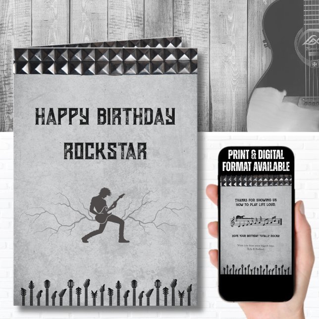 Tema de guitarra con estampado Rockstar Tarjeta de (The ultimate musician birthday card for a guitarist, band member, or anyone who lives life loud)