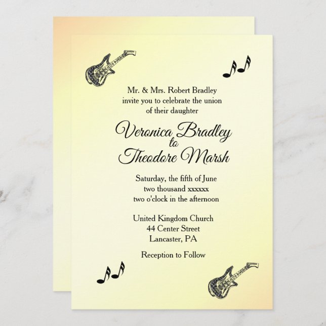Tema de guitarra Invitación a la boda amarilla (Anverso / Reverso)