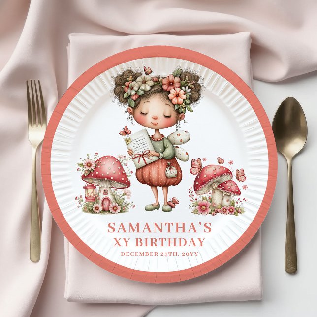 Tema de Hadas Cumpleaños 6º Plato de Papel de Cham (Fairy Theme 6th Birthday Pink Mushroom Paper Plates)