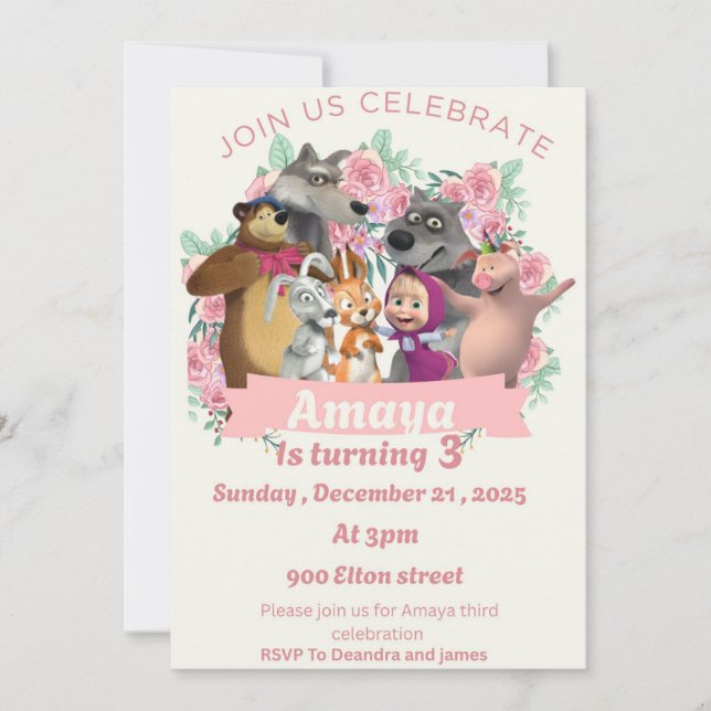 Tema de invitación de cumpleaños de Marsha y Bear (Anverso)