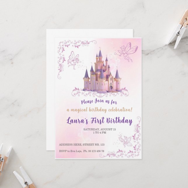 Tema de invitación de pequeña princesa. Fiesta de  (Anverso/Reverso In Situ)