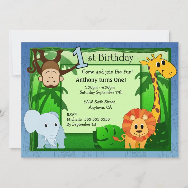 Tema de la jungla Invitación de cumpleaños 1 (Anverso)