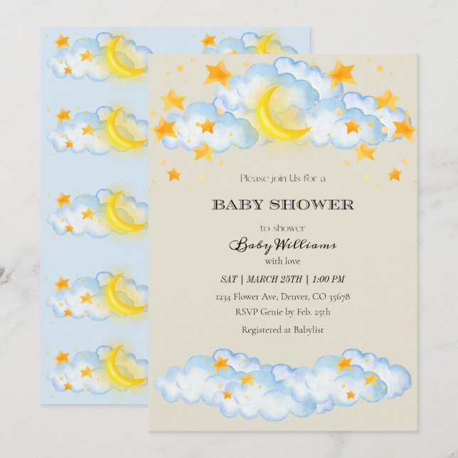 Tema de la Luna de Invitación de Baby Shower y las (Anverso / Reverso)