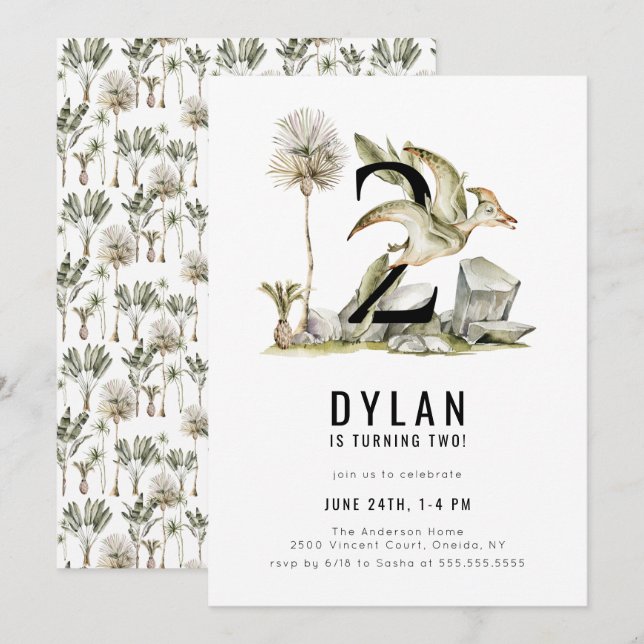 Tema de los dinosaurios Segunda invitación a la fi (Anverso / Reverso)