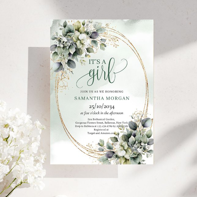 Tema de Oro Verde Botánico Es una Invitación de Ni (Botanical Green Gold Theme It’s A Girl Invitation)